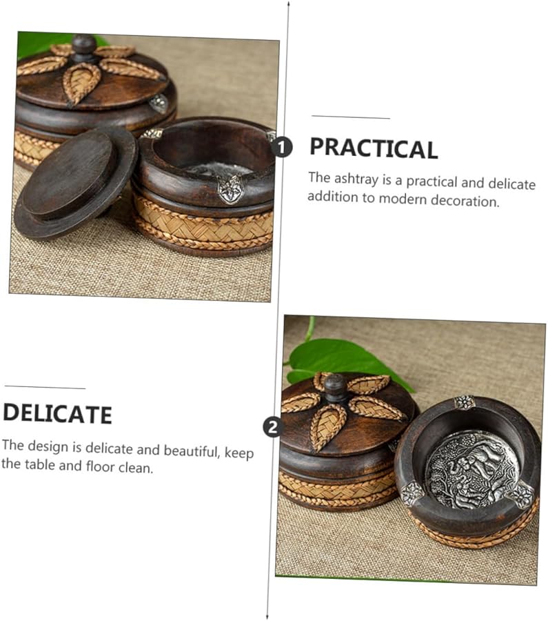 Solid Wood Ashtray With Lid Vintage Home Office Decor Southeast Asian Style Smoking Tray - Image 4